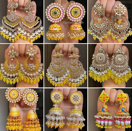 Premium Bridal Jhumkas – Yellow & Pearl Set of 9