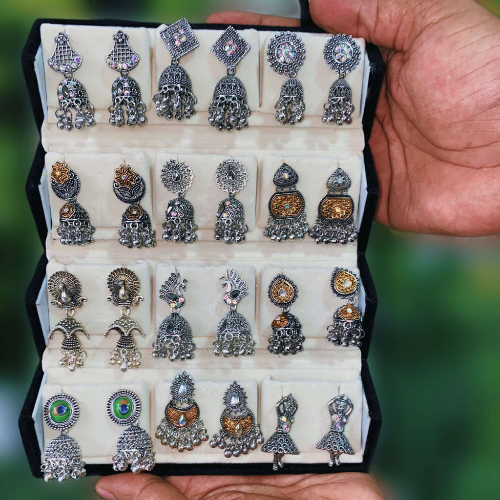 Set of 12 Premium Oxidized Designer Stud Earrings + Folding Jewelry Box