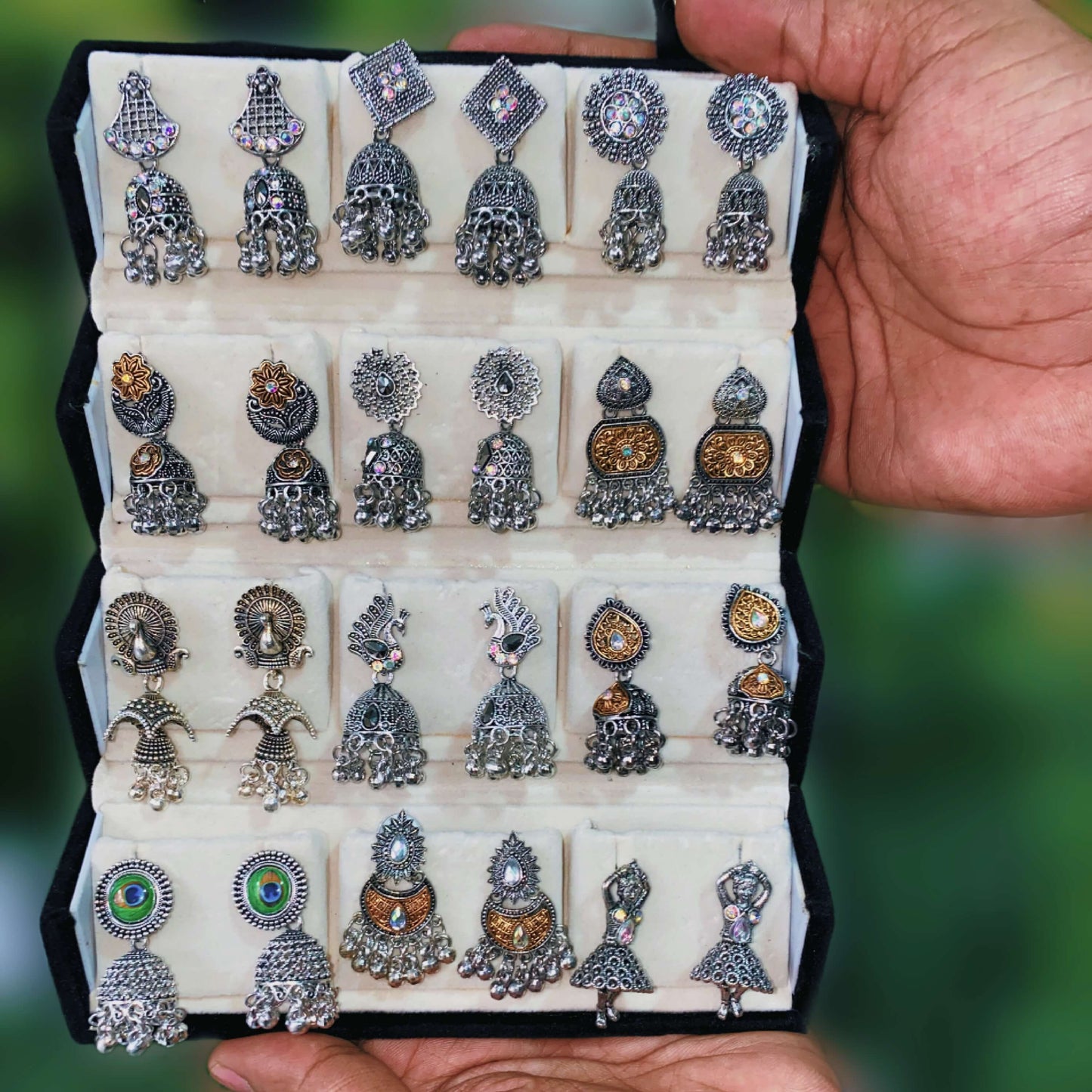 Set of 12 Premium Oxidized Designer Stud Earrings + Folding Jewelry Box