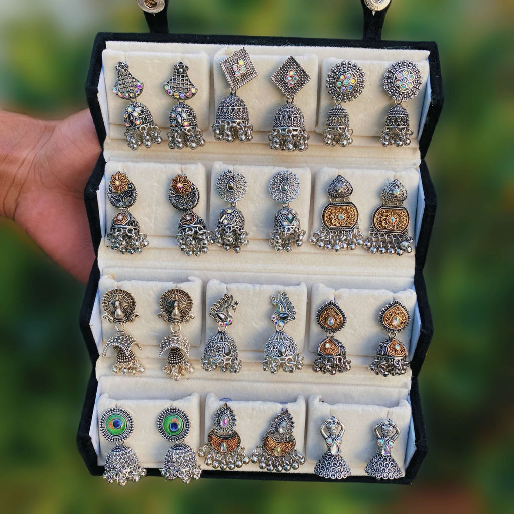 Set of 12 Premium Oxidized Designer Stud Earrings + Folding Jewelry Box